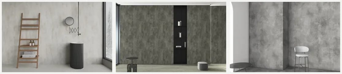 Kermit SPC wall panel application gallery strip Small horizontal showcase strip of Kermit SPC wall panel application examples for bathroom-style aesthetics