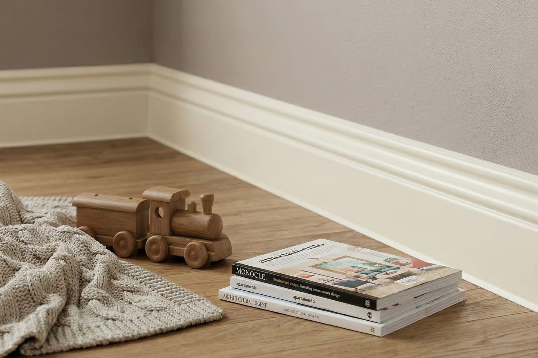 SPC skirting board application example SPC skirting installed in an interior application where finish quality and edge line consistency matter