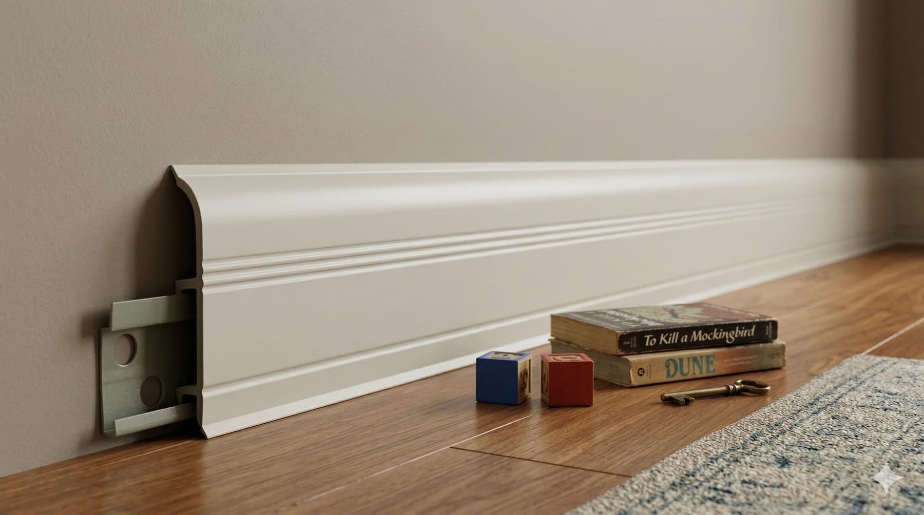 SPC skirting in a finished interior Another SPC skirting application example showing long wall-to-floor lines in a finished interior