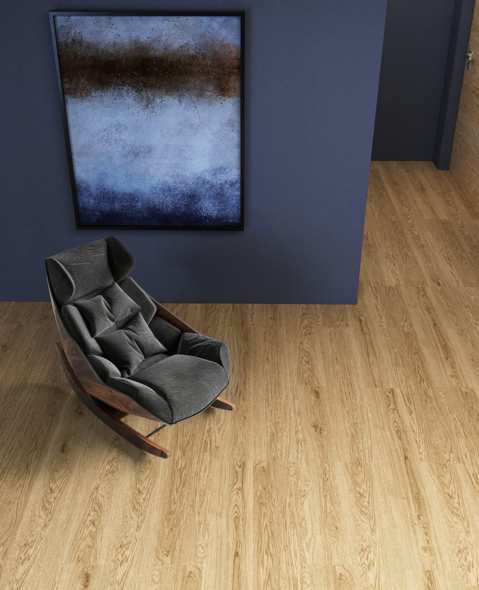 Kermit Sky P-104 interior illustration showing wood-look flooring beside a blue wall
