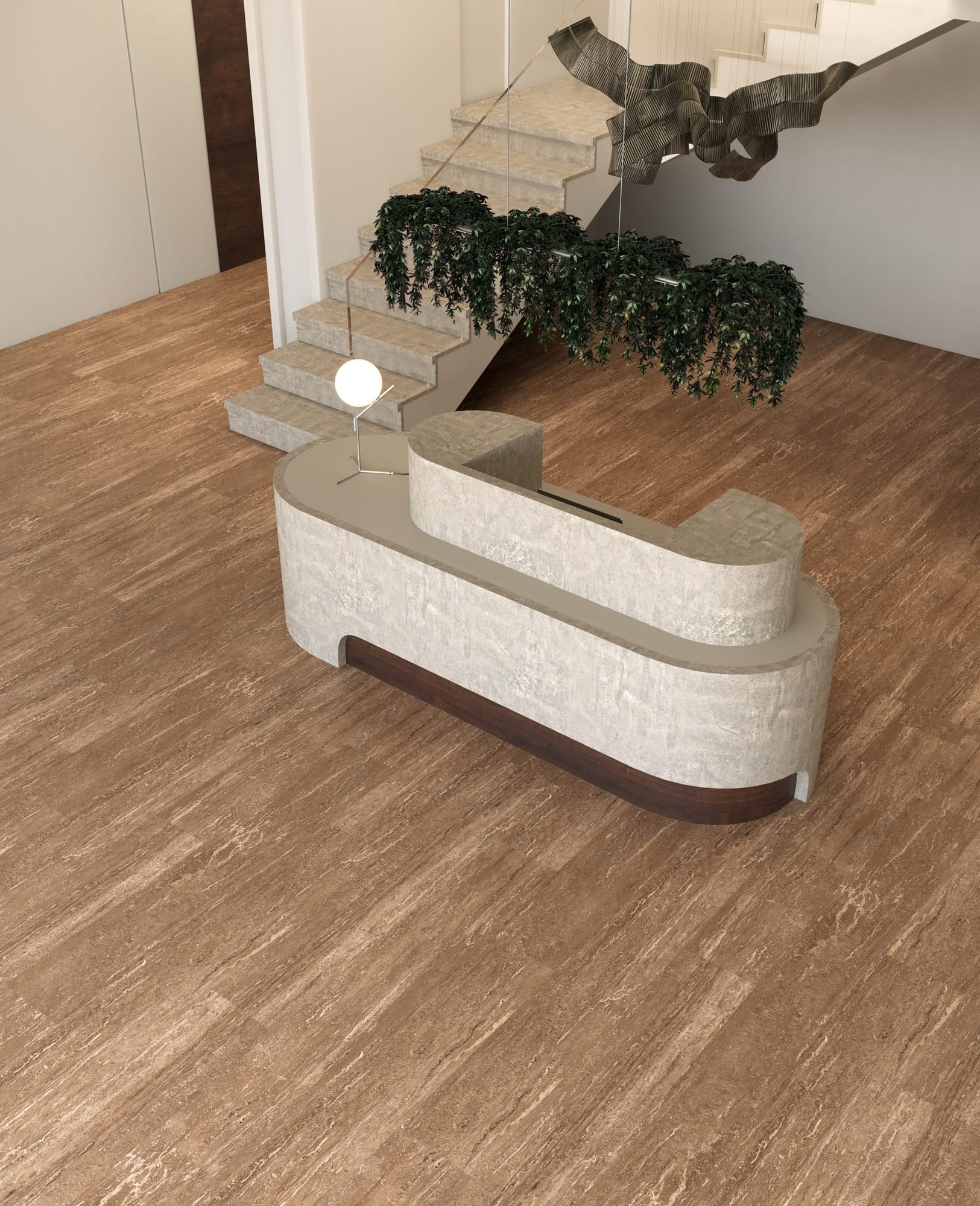 Kermit Travertine P-401 interior illustration showing a stone-look SPC floor